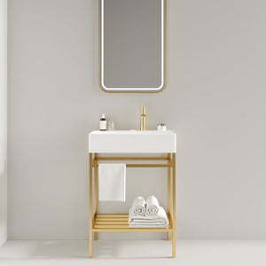 English Elm LOFI Ceramic Integrated Bathroom Vanity 24" with Rectangular Basin, Open Metal Shelf, Easy Clean Gold,White W2615S00080