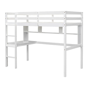 English Elm Twin Loft Bed with Built-In Desk and Bookcase, Pine Frame, Safety Guardrail, Ladder for Study Space White W504P181854