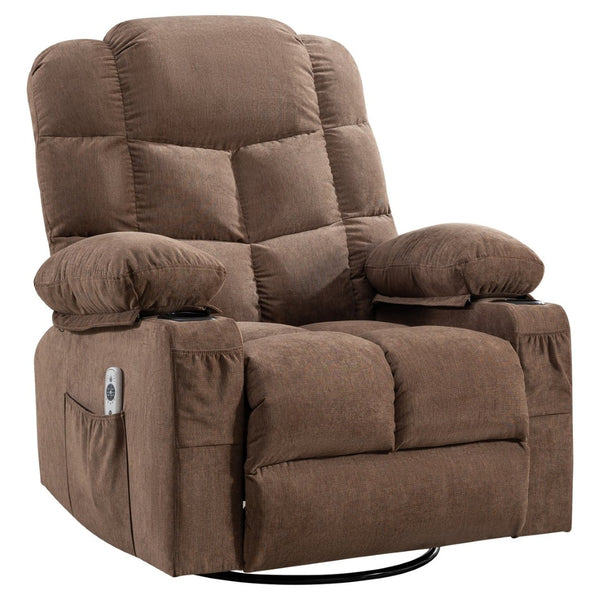 English Elm Oversized Swivel Recliner with Massage Heating Linen Upholstery and Usb Port Brown W1521P411662