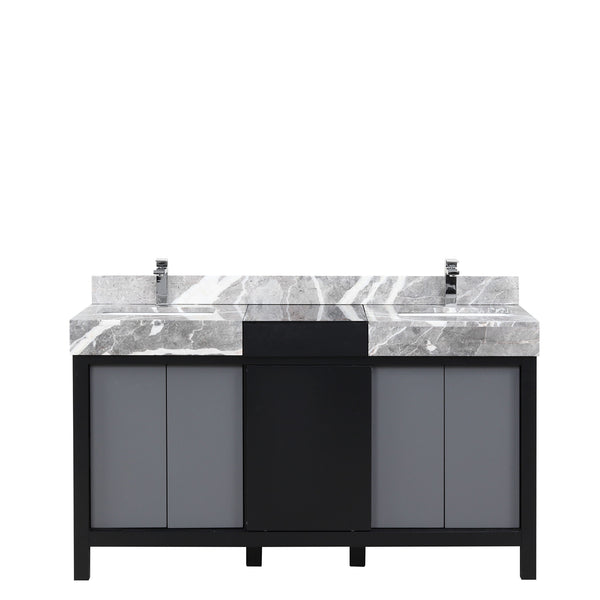 English Elm Black Double Bath Vanity 60" W X 22" D With Castle Grey Marble Top & Chrome Faucet - Stylish Storage! B2731P261108