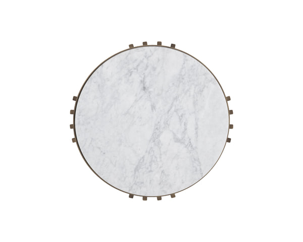 Sunpan Naxos Side Table - Elegant Carrara Marble & Smoked Glass Design with Rustic Bronze Frame for Luxury Spaces