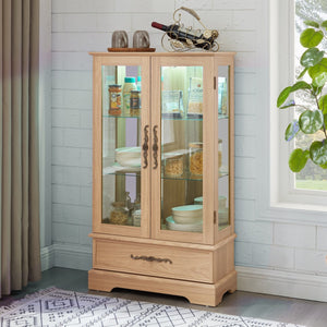English Elm Lighted Glass Curio Display Cabinet - Elegant Oak Finish, Led Lighting, Adjustable Shelves & Secure Storage W1758P290020