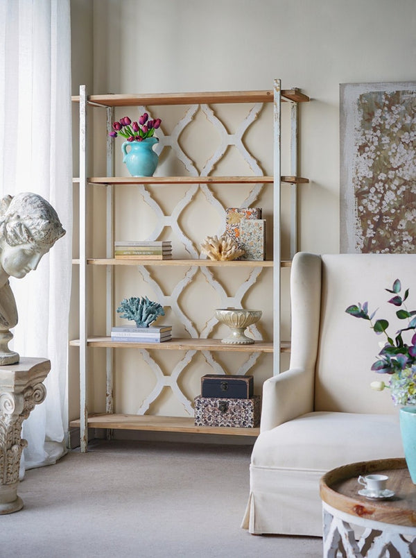 English Elm 47x16.5x75" Five Tier Fir Wood Bookcase Ornate Farmhouse Open Shelving Display Unit W2078P484434