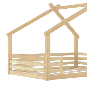 English Elm Twin House Bed Low Profile Pine Wood Frame with Shelf Montessori Kids Floor Sleeping Natural W5305P429645