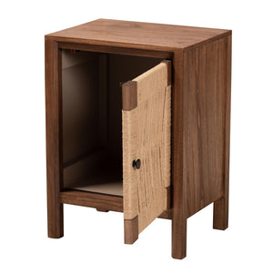 English Elm Modern Bayur Wood Nightstand with Rope Webbing Door and Walnut Finish Boho Bedroom B2750P420387