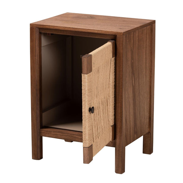 English Elm Modern Bayur Wood Nightstand with Rope Webbing Door and Walnut Finish Boho Bedroom B2750P420387