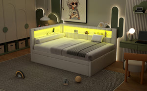 English Elm Upholstered Full Platform Bed with Trundle, Built-In USB Ports & LED Accent, Linen Upholstery White DL001925AAK