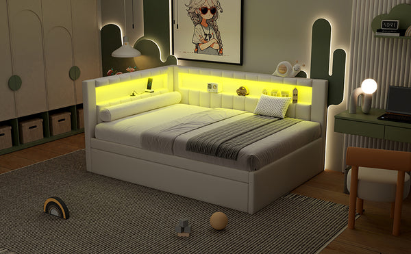 English Elm Upholstered Full Platform Bed with Trundle, Built-In USB Ports & LED Accent, Linen Upholstery White DL001925AAK