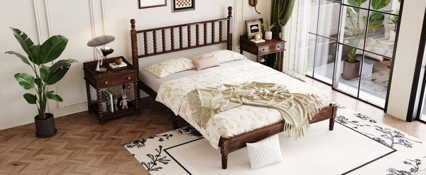 English Elm Queen Wood Platform Bed with Gourd-Shaped Headboard, Retro-Inspired Solid Frame, Slat Support, Sturdy Elegance Walnut 64.8 L x 17.5 W x 9.5 H N733P206242D
