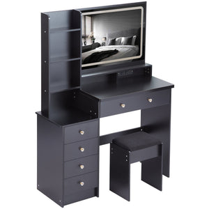 English Elm 41" Large Vanity Table Set With Cushioned Stool, Led Touch Mirror, Power Station & Dryer Stand W936P230831