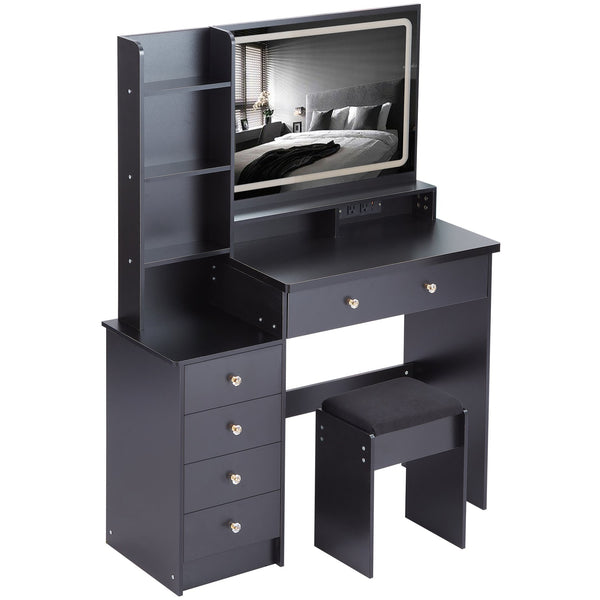 English Elm 41" Large Vanity Table Set With Cushioned Stool, Led Touch Mirror, Power Station & Dryer Stand W936P230831