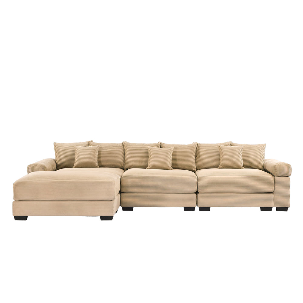 English Elm 130" Oversized Modular L-Shaped Sectional Couch In Cozy Camel Corduroy With Ottoman & 9 Pillows W714S01308