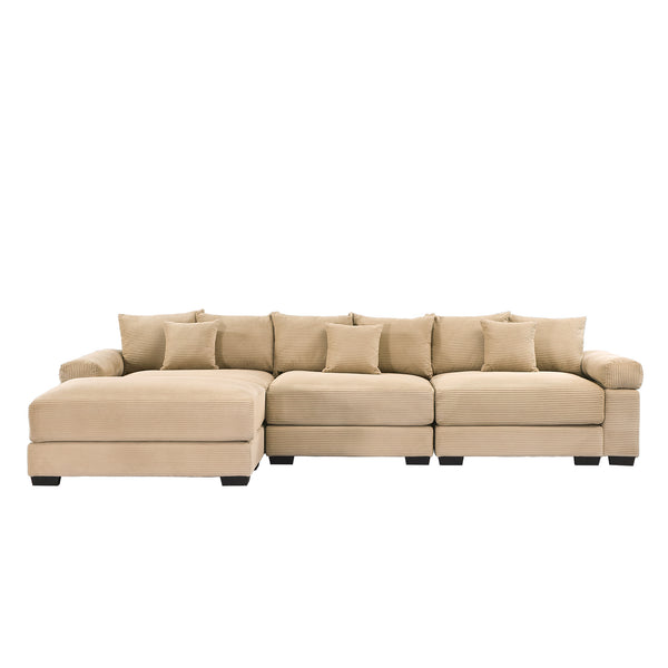 English Elm 130" Oversized Modular L-Shaped Sectional Couch In Cozy Camel Corduroy With Ottoman & 9 Pillows W714S01308