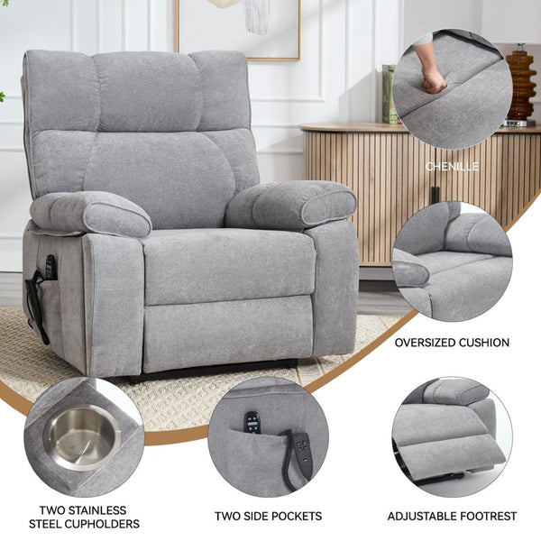 English Elm Beige Chenille Power Lift Recliner Dual Motor Massage Heat 350 Lb Capacity Gray W1803P264031