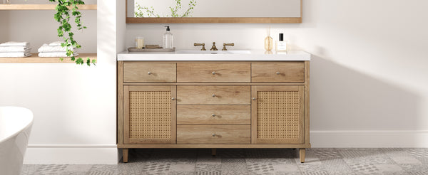 English Elm Christopher Knight Home® - 60" Modern Bathroom Vanity with Durable SMC Sink, Rattan Doors, Soft-Close Drawers, Pine Legs Antique Natural N817P296130N