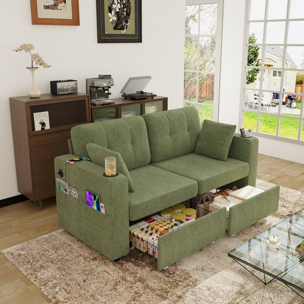 English Elm Sofas for Living Room Chenille Three Seat Couch with Usb Charging Storage and Cup Holder Olive W395S00146