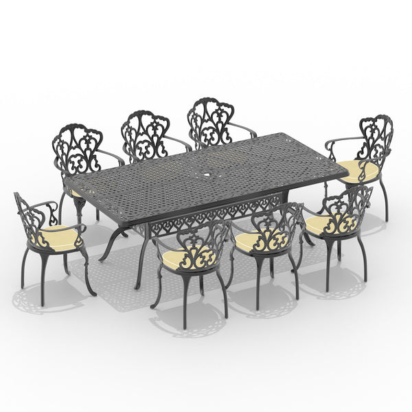 English Elm 9-Piece Cast Aluminum Patio Dining Set With Off-White Cushions, Umbrella Hole & Ergonomic Chairs W1710S00174