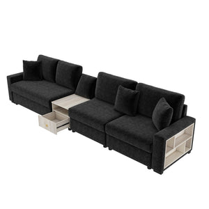 English Elm Modern Chenille Modular Sofa with Console Storage Armrest for Spacious Living Rooms Black N763S000065B