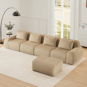 English Elm 146" Modular L-shaped Sectional Flannelette Sofa with Ottoman Tool-free Living Room Setup Light Camel W714S01515