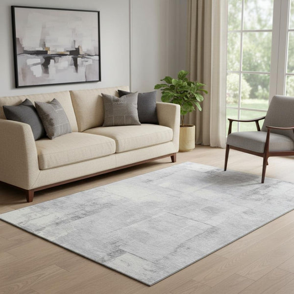 HomeRoots 5' X 8' Stylish Gray Silver Ivory Geometric Area Rug – Washable, UV Protected, Stain Resistant Design 698000