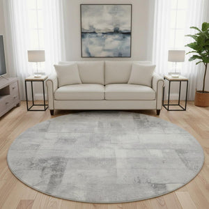 HomeRoots 8' Geometric Round Rug in Gray Silver & Ivory - Washable, UV Protected, Perfect for High Traffic Areas! 698001