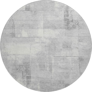 HomeRoots 8' Geometric Round Rug in Gray Silver & Ivory - Washable, UV Protected, Perfect for High Traffic Areas! 698001