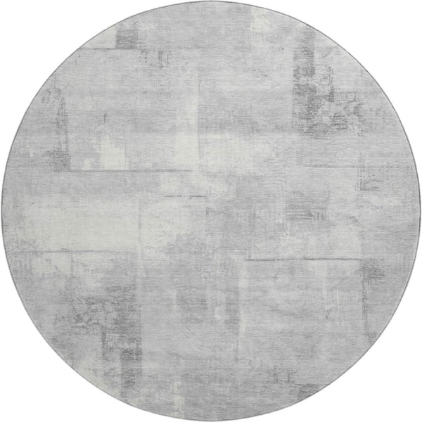 HomeRoots 8' Geometric Round Rug in Gray Silver & Ivory - Washable, UV Protected, Perfect for High Traffic Areas! 698001