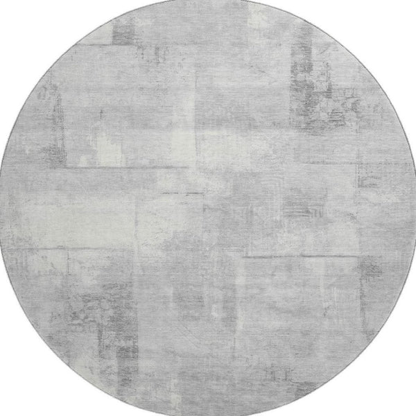 HomeRoots 8' Geometric Round Rug in Gray Silver & Ivory - Washable, UV Protected, Perfect for High Traffic Areas! 698001