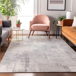 HomeRoots 9' X 12' Washable Gray Silver Ivory Geometric Area Rug with UV Protection for High-Traffic Homes 698003