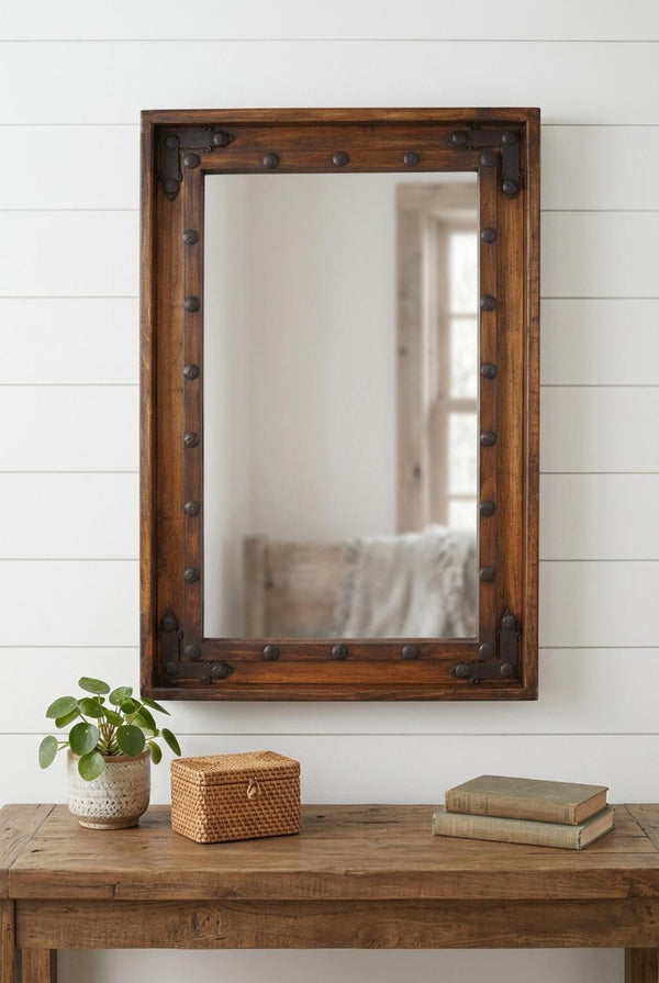 35 Inch Solid Wood Rustic Farmhouse Accent Mirror with Natural Brown Finish