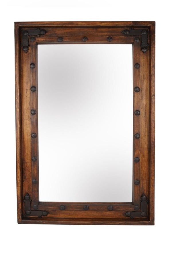 35 Inch Solid Wood Rustic Farmhouse Accent Mirror with Natural Brown Finish