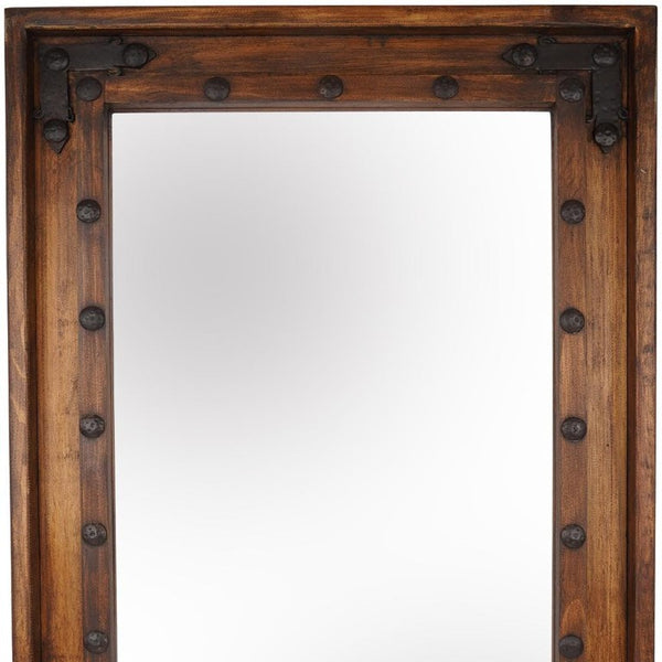 35 Inch Solid Wood Rustic Farmhouse Accent Mirror with Natural Brown Finish