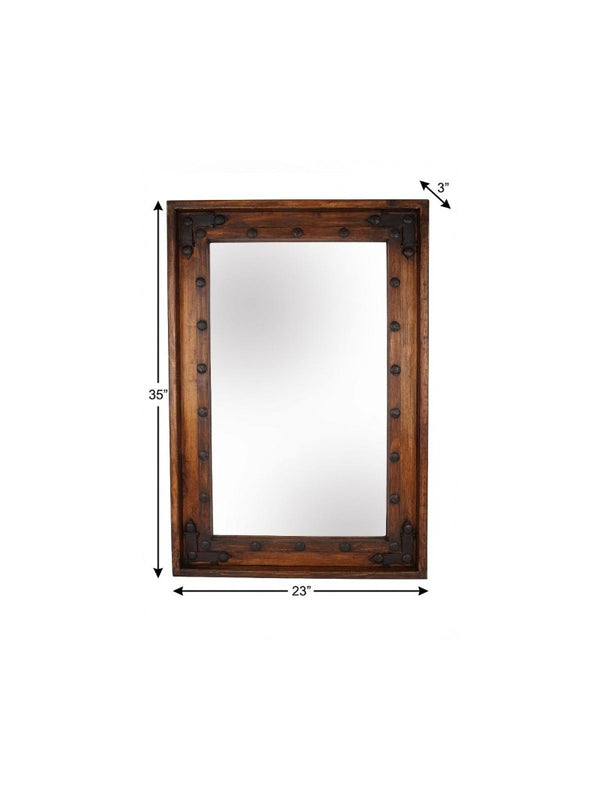 35 Inch Solid Wood Rustic Farmhouse Accent Mirror with Natural Brown Finish