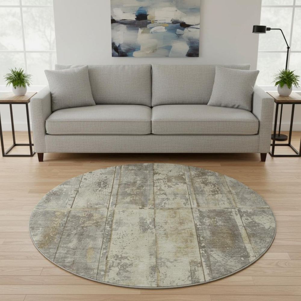 HomeRoots 8' Striped Beige Wheat and Taupe Washable Round Rug – Durable, UV Protected, Perfect for Busy Homes 698008