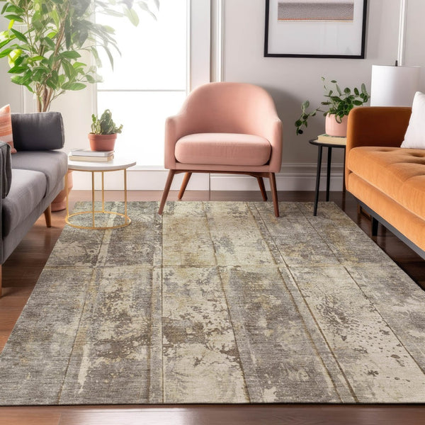 HomeRoots 10' X 14' Beige Striped Area Rug - Washable, UV Protected, Stain-Resistant for Homes with Kids & Pets 698011