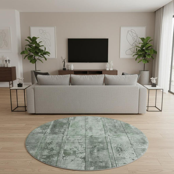 HomeRoots 8' Green and Gray Striped Washable Round Rug – UV Protected, Non-Slip, Perfect for High-Traffic Areas 698014