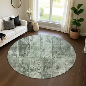 HomeRoots 8' Green and Gray Striped Washable Round Rug – UV Protected, Non-Slip, Perfect for High-Traffic Areas 698014