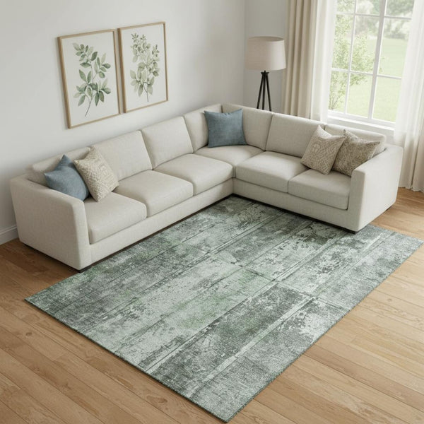 HomeRoots 9' X 12' Green & Gray Striped Washable Area Rug – Durable, Stain-Resistant, UV Protected for Homes 698016