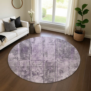 HomeRoots 8' Stylish Purple and Gray Striped Washable Round Rug with Non-Slip Backing and UV Protection 698020