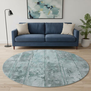 HomeRoots 8' Teal and Gray Striped Round Rug - Washable, UV-Protected, Stain-Resistant for High-Traffic Areas 698026