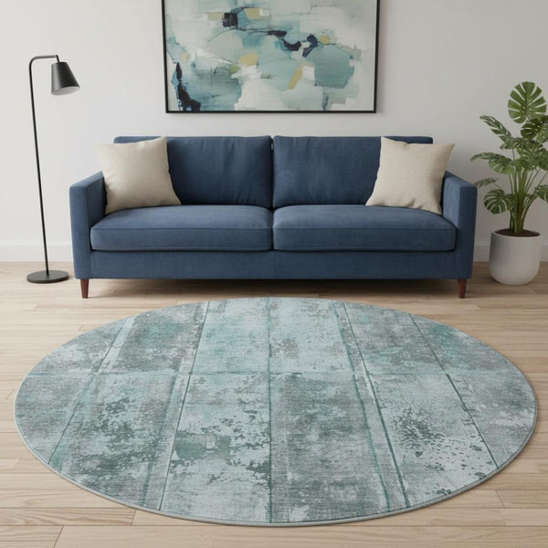 HomeRoots 8' Teal and Gray Striped Round Rug - Washable, UV-Protected, Stain-Resistant for High-Traffic Areas 698026
