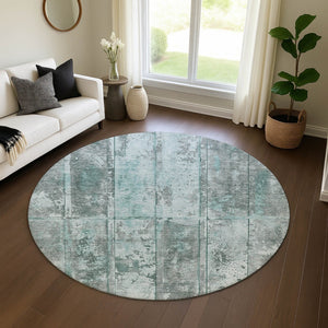 HomeRoots 8' Teal and Gray Striped Round Rug - Washable, UV-Protected, Stain-Resistant for High-Traffic Areas 698026