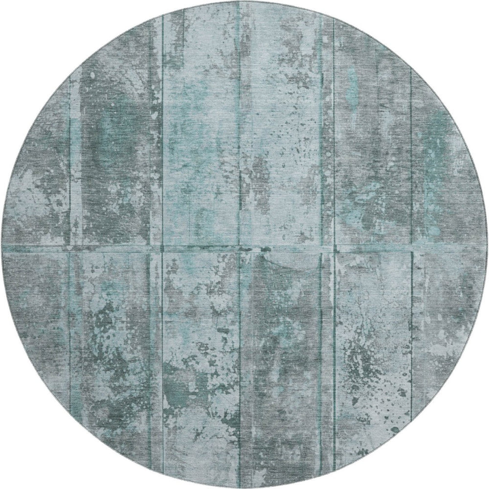 HomeRoots 8' Teal and Gray Striped Round Rug - Washable, UV-Protected, Stain-Resistant for High-Traffic Areas 698026