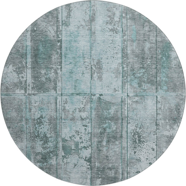 HomeRoots 8' Teal and Gray Striped Round Rug - Washable, UV-Protected, Stain-Resistant for High-Traffic Areas 698026