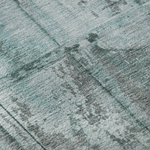 HomeRoots 8' Teal and Gray Striped Round Rug - Washable, UV-Protected, Stain-Resistant for High-Traffic Areas 698026