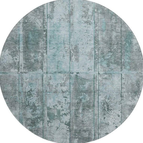 HomeRoots 8' Teal and Gray Striped Round Rug - Washable, UV-Protected, Stain-Resistant for High-Traffic Areas 698026