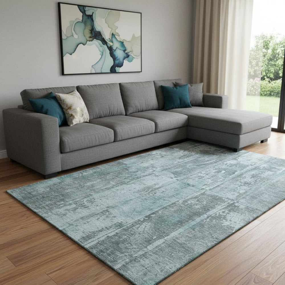 HomeRoots 8' X 10' Teal & Gray Striped Washable Area Rug with UV Protection, Stain Resistance & Non-Slip Backing 698027