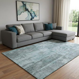 HomeRoots 8' X 10' Teal & Gray Striped Washable Area Rug with UV Protection, Stain Resistance & Non-Slip Backing 698027