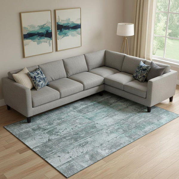 HomeRoots 10' Teal and Gray Striped Area Rug – Washable, UV-Protected, Durable for Busy Homes, 10x14 ft 698029