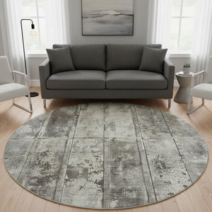 HomeRoots 8' Stylish Taupe Beige and Gray Striped Washable Round Rug with UV Protection for All Spaces 698032